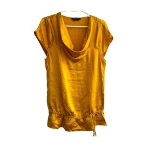 BCBGMaxAzria Mustard Yellow Drape Neck Satin Sleeveless Top Flowy Adjustable Hem